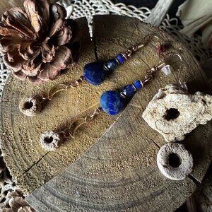 Lapis Lazuli and Iolite with Crinoid Dangle Earrings (Rose Gold)